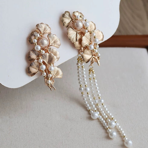 Gold Leaf and Pearl Hair Barrette with Tassels